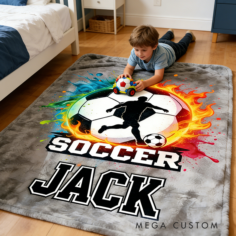 Personalized Soccer Blanket with Custom Name and Fiery Design for Soccer Enthusiasts