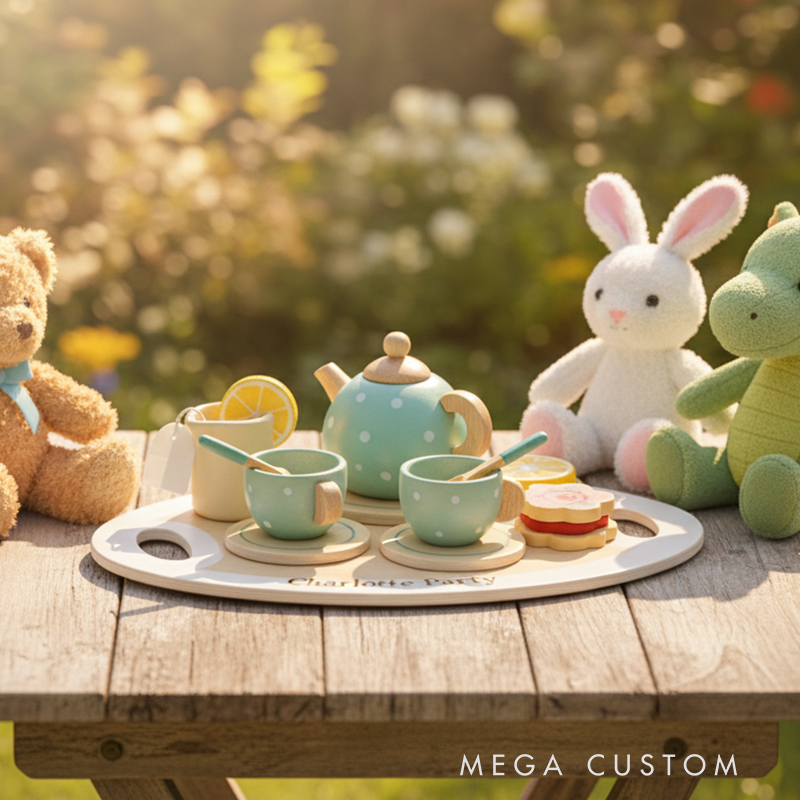 Personalized Kids Tea Party Set Custom Name Pretend Play Toy Adorable Wooden Tea Party Set for Creative Fun