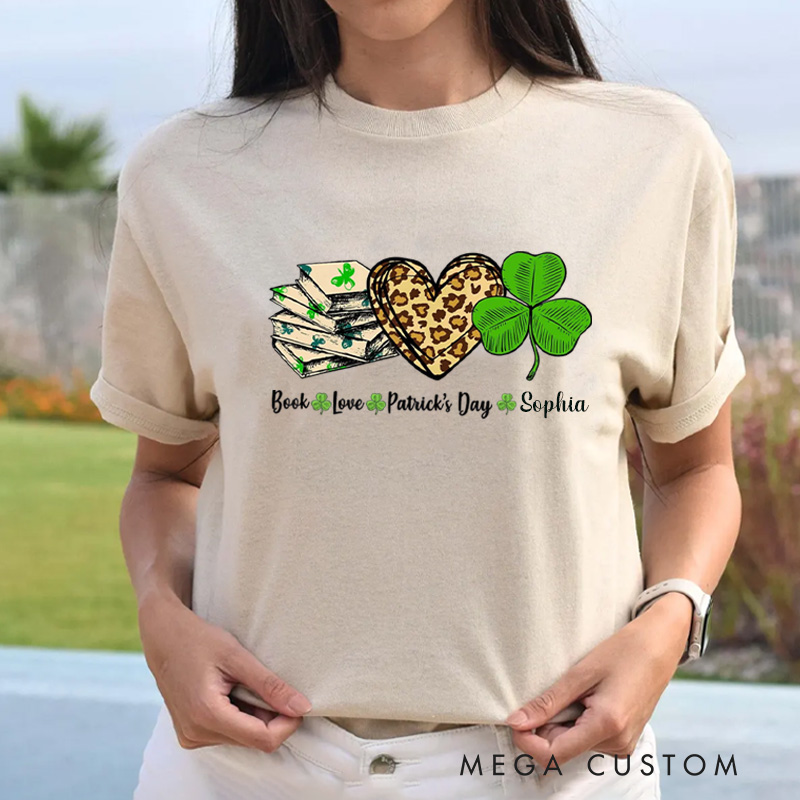 Personalized Book Lover St. Patrick's Day Classic T-Shirts Irish Shamrock Reading Shirt with Name for Book Lover Bookworm Girlfriend Wife Women Gift