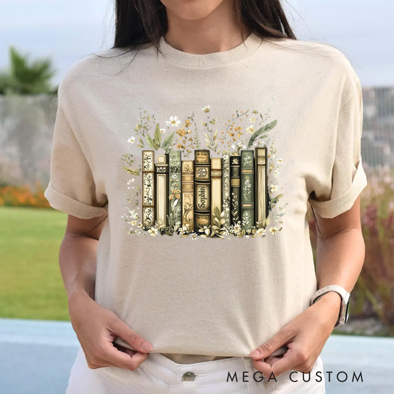 Personalized Flower Books Classic T-Shirts Floral Book Shirt with Name Librarian Tee for Book Lover Bookworm Girlfriend Wife Women Gift