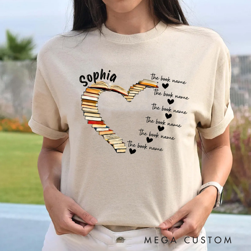 Personalized Book Heart Classic T-Shirts with Name Book Lover Tee for Book Lover Bookworm Girlfriend Wife Women Gift