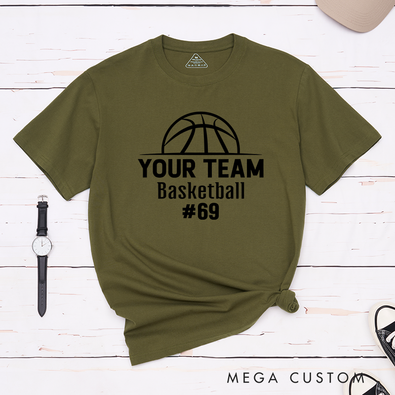 Personalized Basketball T-Shirt Design Showcasing Custom Team Name Bold Basketball Graphic Sleek Text Layout and Prominent Player Number Display