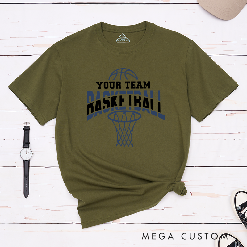 Personalized Basketball T-Shirt Design Featuring Custom Team Name Bold Arched "Basketball" Text Dynamic Hoop Graphic and Stylish Basketball Accent