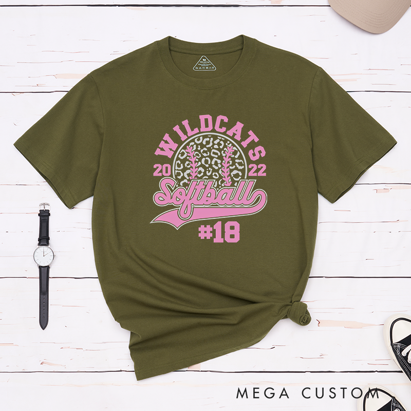 Personalized Customizable Softball Team T-Shirt Design Featuring Bold Arched Team Name Leopard Print Softball Graphic Stylized Script Text for Softball and Custom Player Number