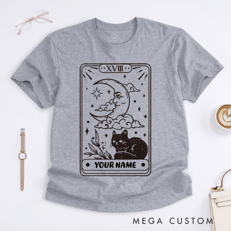 Personalized Tarot Lovers Classic T-Shirts The Moon Tarot Card Cat Meow T-Shirt Gift for Cat Lovers 