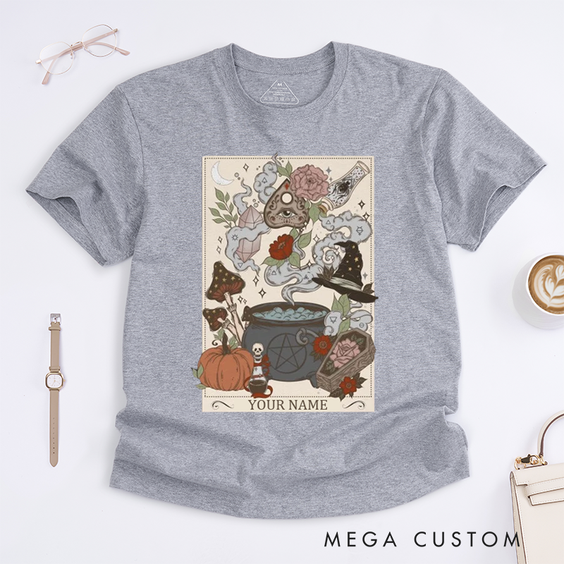 Personalized Witch Halloween Classic T-Shirts Custom Spooky Gift for Magic Lovers Unisex Vintage Potion Pumpkin Mushroom Print Unique Gift