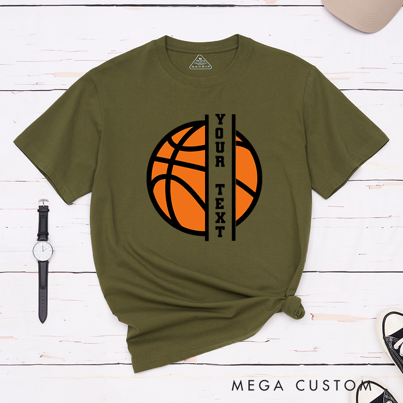 Personalized Basketball T-Shirt Design Featuring Custom Vertical Text Centered Over a Bold Orange Basketball Graphic