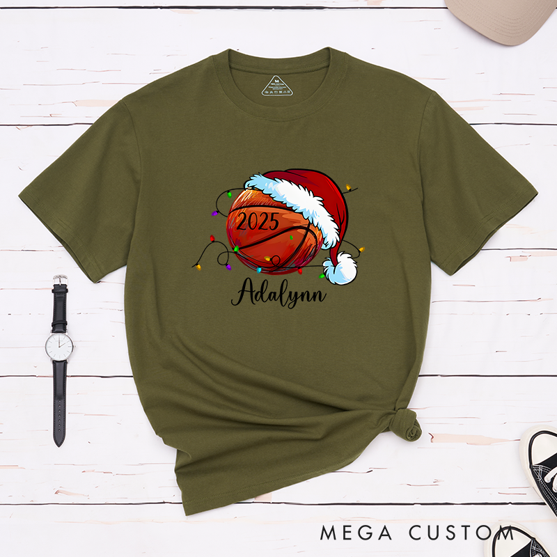 Personalized Festive T-Shirt with Custom Name, Year, and Basketball Santa Hat Design