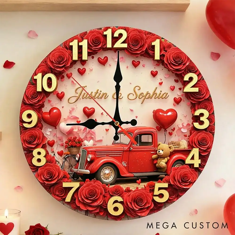 Personalized Couple Happy Valentine's Day Wall Clock Custom Vintage Red Truck with Rose and Bear Graphic 3D Printed Wall Clock Valentines Day Gift