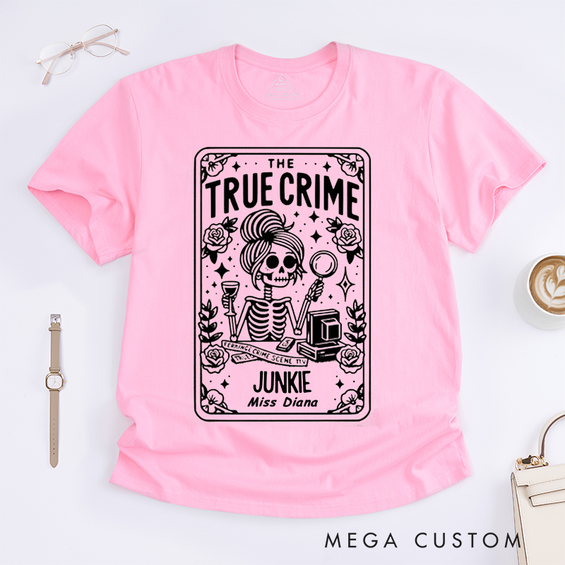 Personalized True Crime Junkie Classic T-Shirts Custom Name Unisex Gift for Crime Lovers Unique Detective Skeleton Illustration Cool Gift