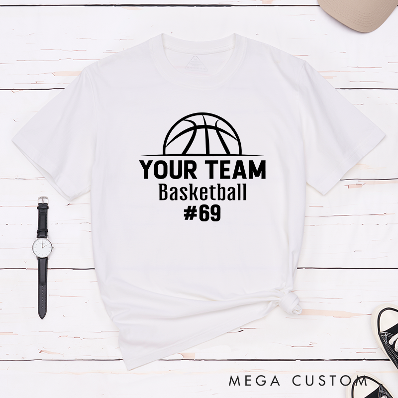 Personalized Basketball T-Shirt Design Showcasing Custom Team Name Bold Basketball Graphic Sleek Text Layout and Prominent Player Number Display