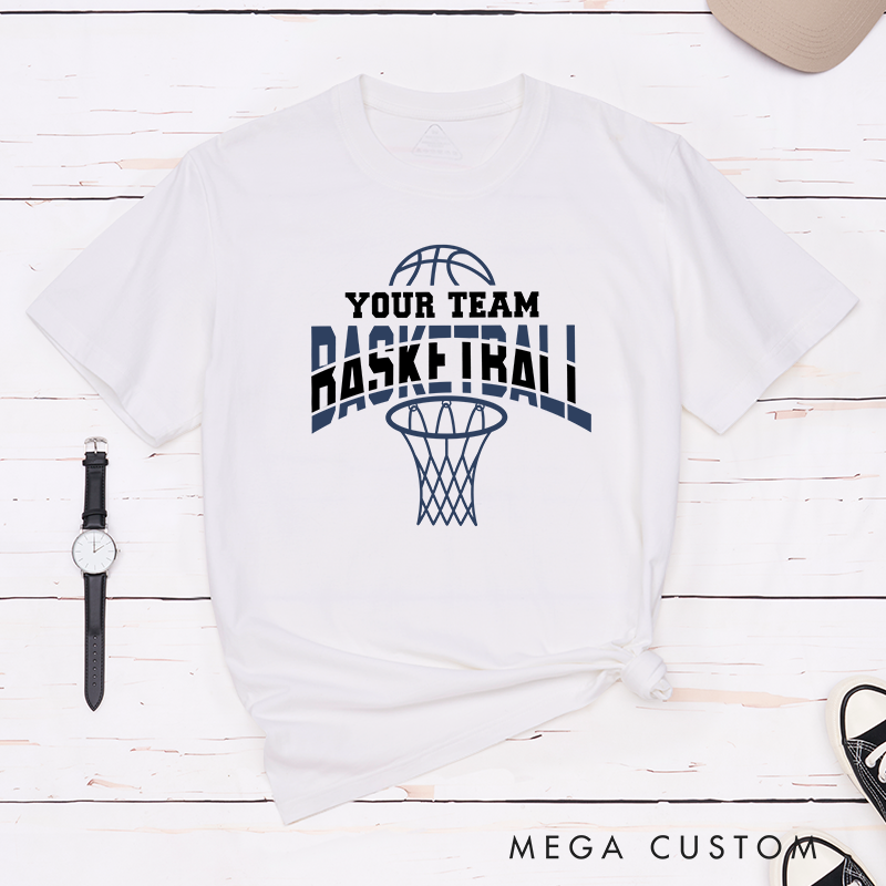 Personalized Basketball T-Shirt Design Featuring Custom Team Name Bold Arched "Basketball" Text Dynamic Hoop Graphic and Stylish Basketball Accent