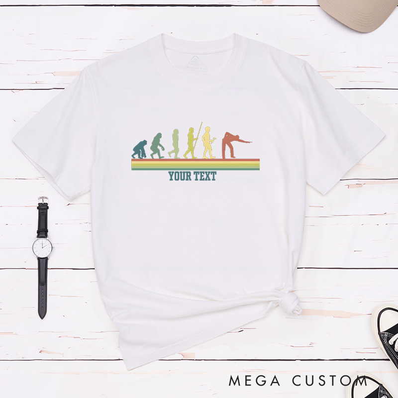 Personalized Billiards, Pool, and Snooker Retro Evolution T-Shirts with Custom Text on the Front