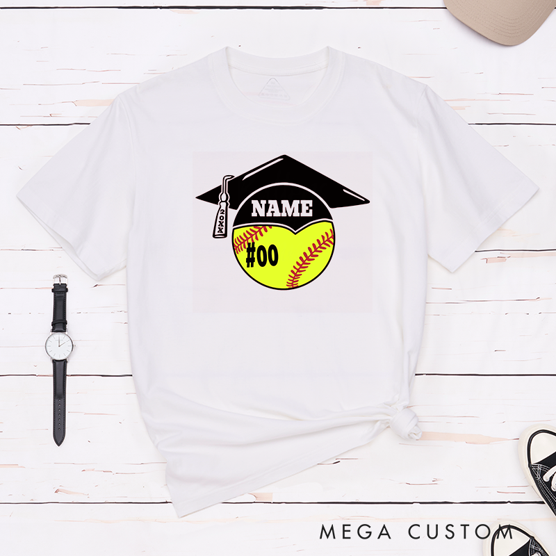 Personalized Graduation Softball T-Shirt Design Featuring Custom Name Player Number Graduation Cap and Bat Graphic