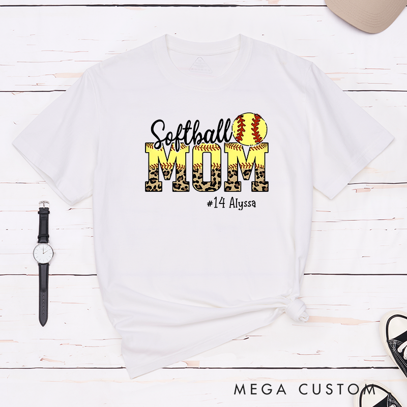 Personalized Softball Mom T-Shirt Design Featuring Leopard Print Bold Text Softball Graphic and Custom Player Name and Number