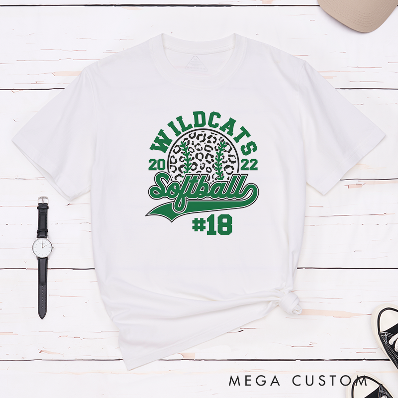 Personalized Customizable Softball Team T-Shirt Design Featuring Bold Arched Team Name Leopard Print Softball Graphic Stylized Script Text for Softball and Custom Player Number