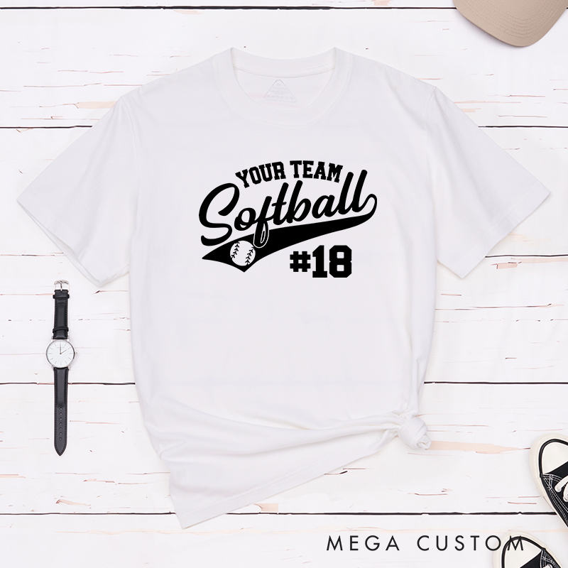 Personalized Softball Team T-Shirt Design Featuring Customizable Team Name Elegant Script Softball Text Dynamic Swoosh Element Baseball Graphic and Custom Player Number