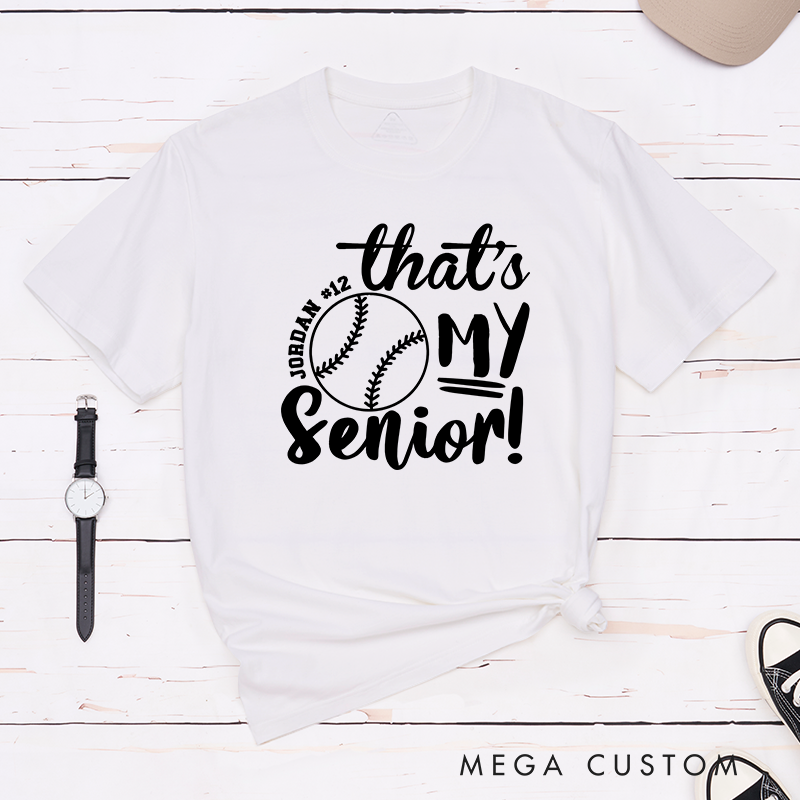 Personalized Senior Softball Spirit T-Shirt Design Perfect for School Teams Featuring Custom Name Number and Bold Text with a Softball Graphic