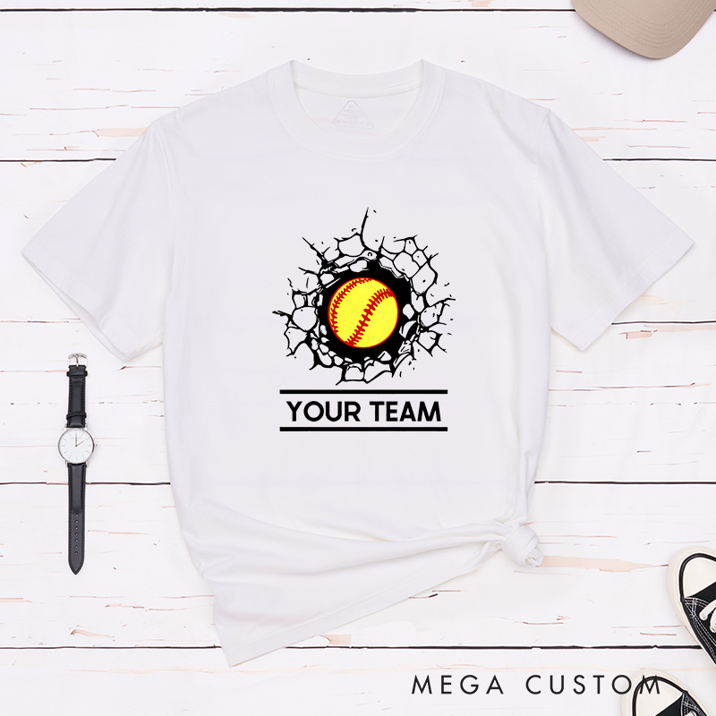 Personalized Softball Team T-Shirt Design Featuring Customizable Team Name Bold Softball Graphic and Dynamic Cracked Wall Effect