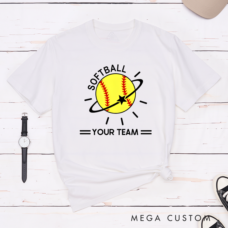 Personalized Softball Team T-Shirt Design Featuring Customizable Team Name Vibrant Softball Graphic with Orbiting Star and Radiating Lines