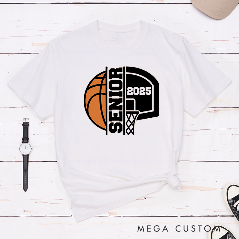 Personalized Basketball Graduation T-Shirt Design Featuring Custom Graduation Year Bold Vertical Text Dynamic Basketball and Hoop Graphics in a Classic School Spirit Style