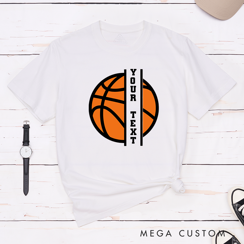 Personalized Basketball T-Shirt Design Featuring Custom Vertical Text Centered Over a Bold Orange Basketball Graphic