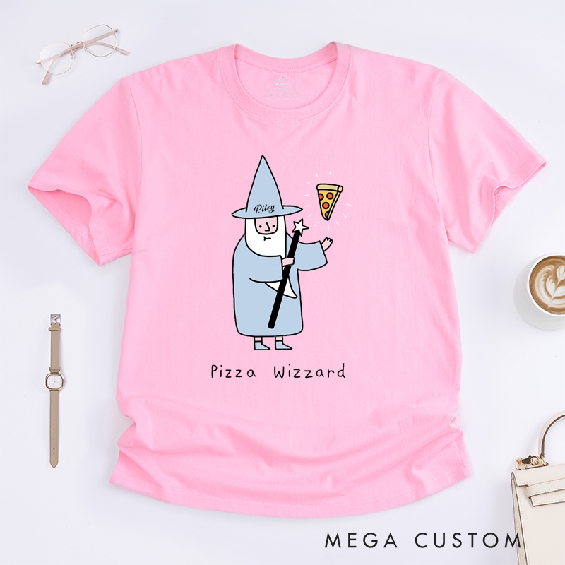 Personalized Pizza Wizard Classic T Shirts Custom Name Gift for Pizza Lovers Unique Fantasy Wizard Magic Tee for Men and Women Birthday Present