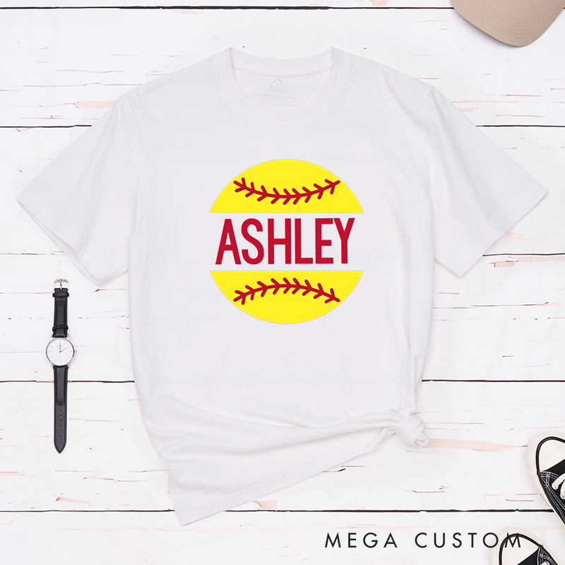 Personalized Softball T-Shirt Design Featuring Custom Name Bold Text and Bright Softball Graphic