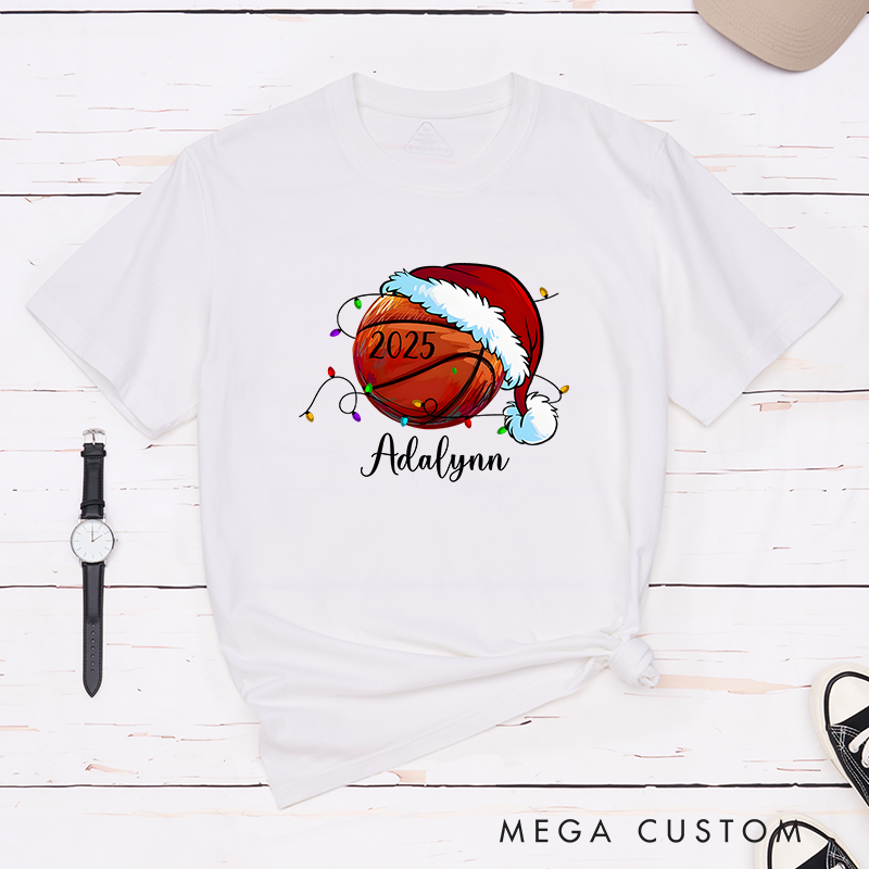 Personalized Festive T-Shirt with Custom Name, Year, and Basketball Santa Hat Design