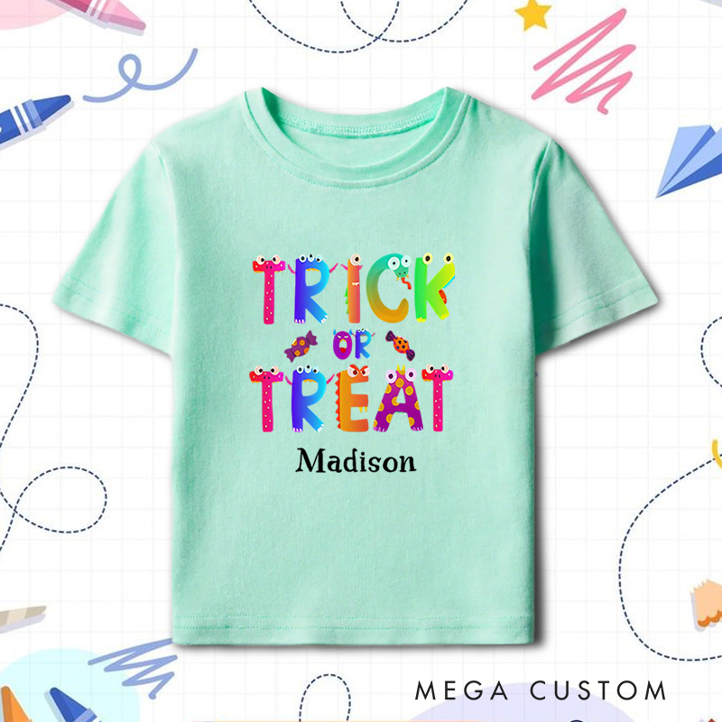 Personalized Trick or Treat Halloween Shirt for Kids Perfect for Fun and Colorful Outfits During the Spooky Season Kids T-Shirt