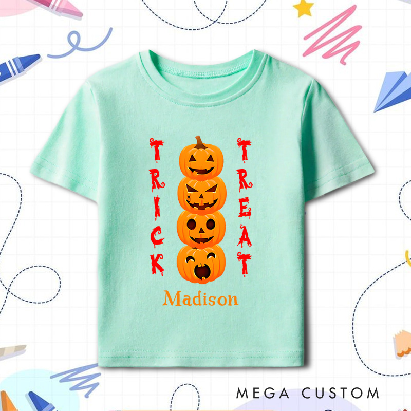 Personalized Trick or Treat Pumpkin Tower Halloween Shirt for Kids Perfect for Fun and Colorful Seasonal Celebrations Kids T-Shirt