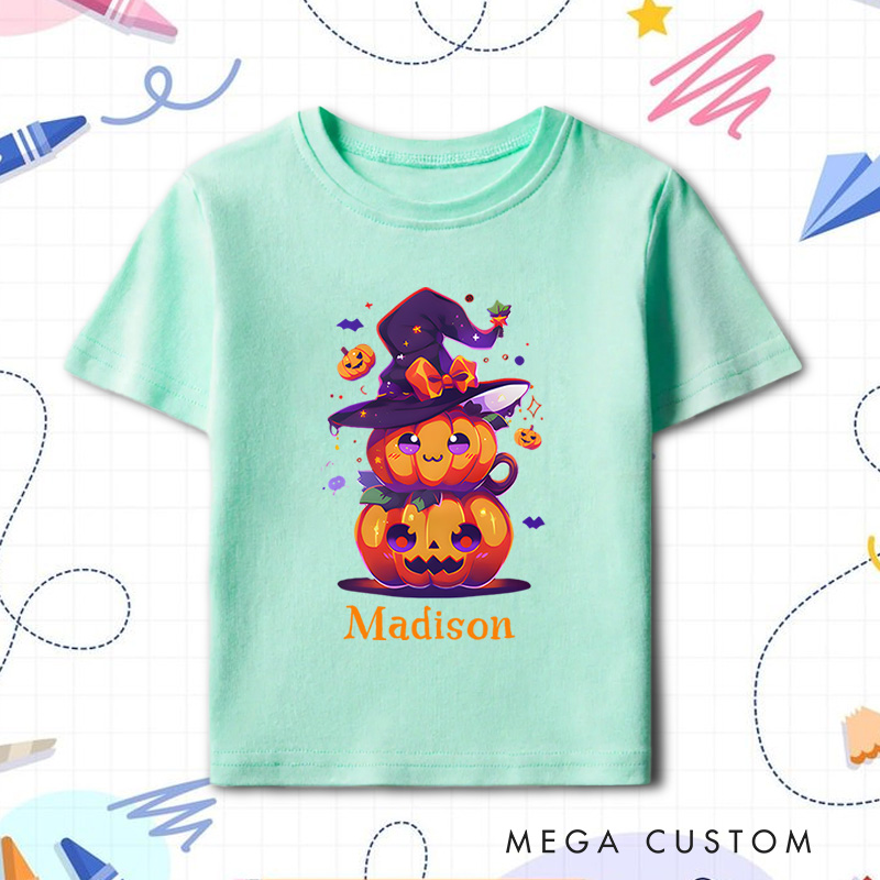 Personalized Witch Hat and Pumpkin Stack Halloween Shirt for Kids Perfect for Magical and Festive Halloween Celebrations Kids T-Shirt