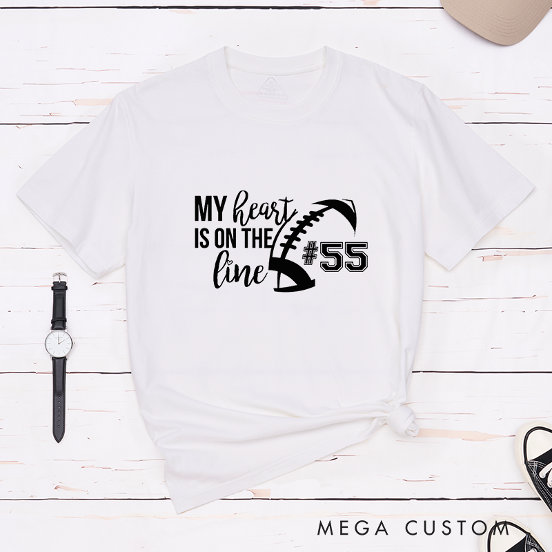 Personalized American Football and Rugby T-Shirts for "My Heart is on the Line" with Custom Jersey Number