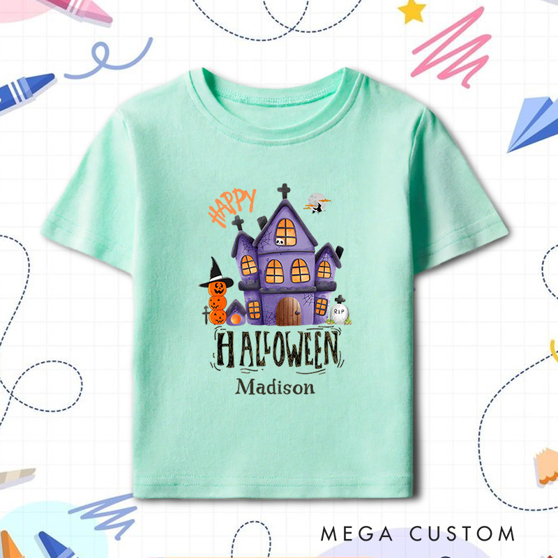 Personalized Happy Halloween Haunted House Shirt for Kids Perfect for Fun and Spooky Festive Celebrations Kids T-Shirt