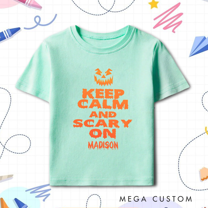 Personalized Keep Calm and Scary On Halloween Shirt for Kids Perfect for Adding Humor and Festive Fun Kids T-Shirt