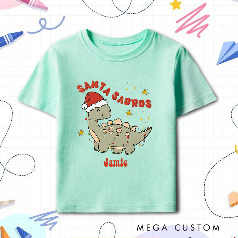 Personalized Cute Christmas Dinosaur Santasaurus Name Kids T-Shirt