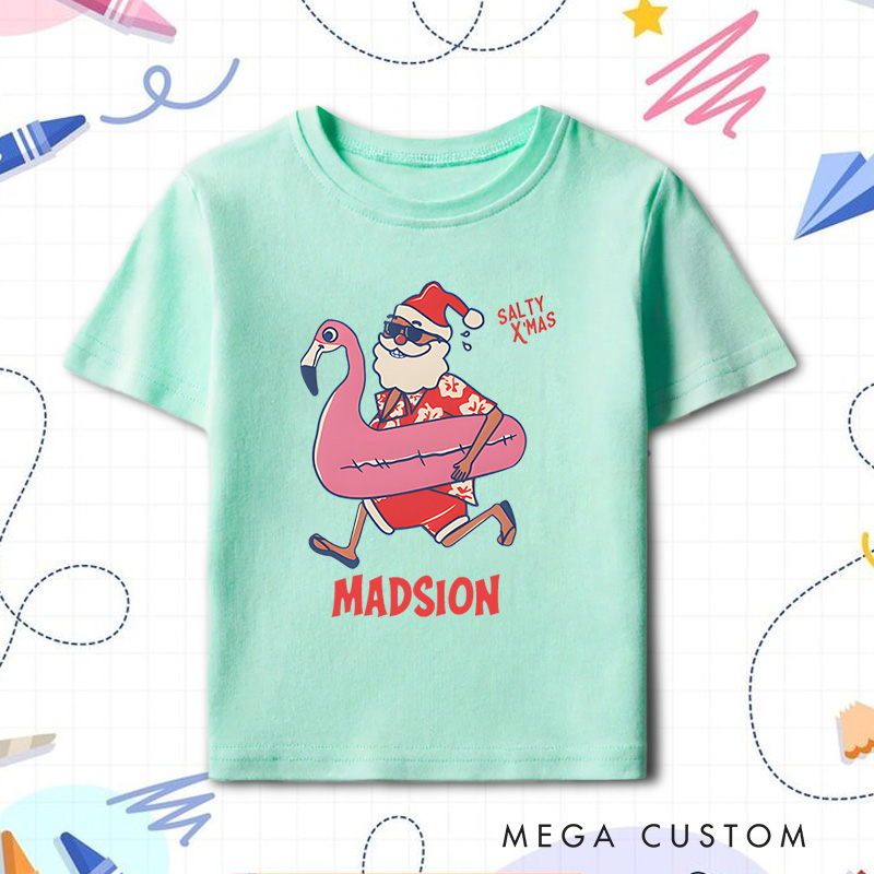 Personalized Mele Kalikimaka Santa Flamingo Christmas Getaways Kids T-Shirt