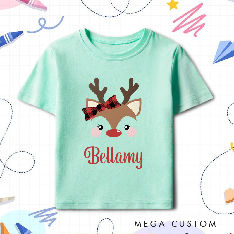 Personalized Cute Reindeer Plaid Bow Name in Red Christmas Kids T-Shirt