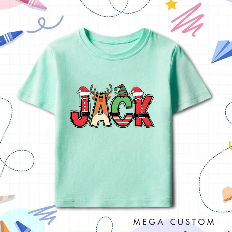 Personalized Christmas Name T-Shirt for Kids Toddler Christmas Tee Santa Reindeer and Elf Design
