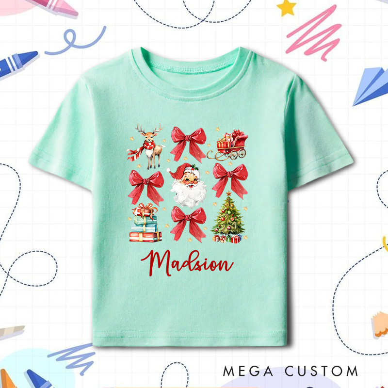 Personalized Christmas Santa and Bows T-Shirt Kids Christmas Tee Shirt Xmas Kids Gift