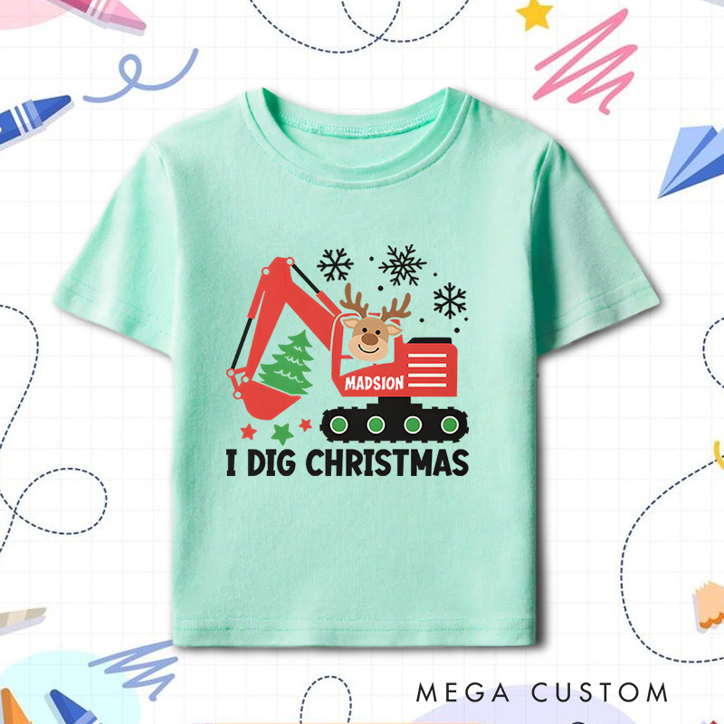 Personalized I Dig Christmas Cute Red Construction Vehicle Reindeer Tree Christmas Excavator Kids T-Shirt