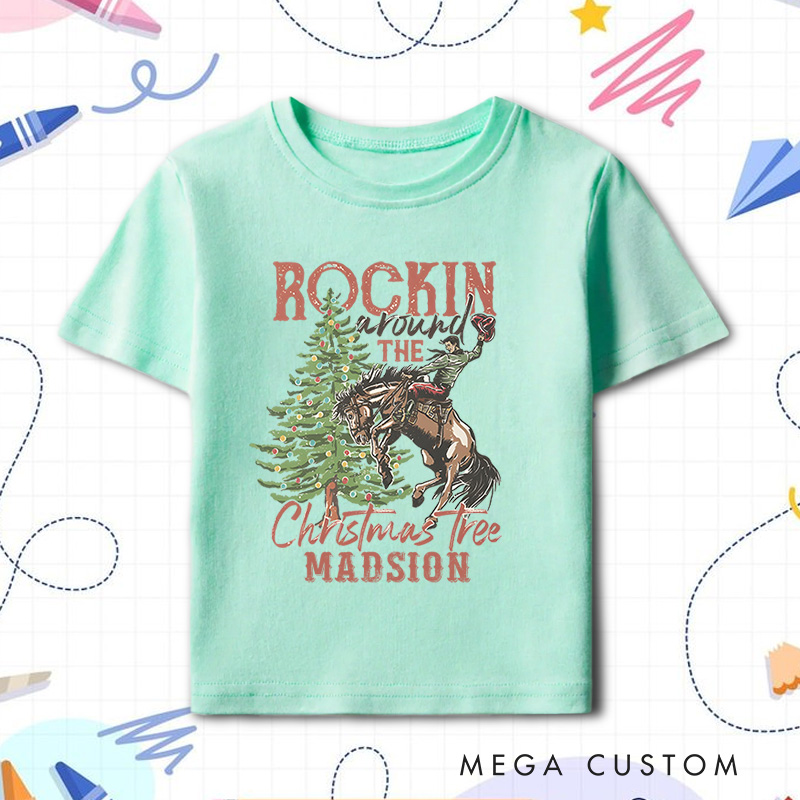 Personalized Western Rodeo Christmas Kids T-Shirt Retro Rocking Around The Christmas Tree Bucking Horse Holiday Outfit 