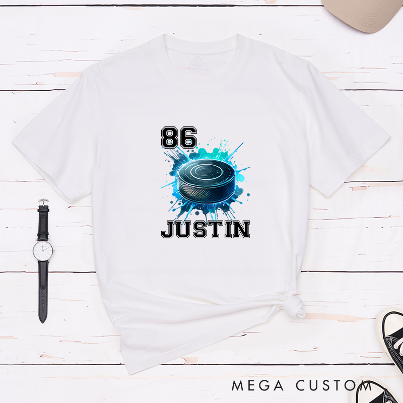 Personalized Athletic T-Shirt Featuring a Vibrant Hockey Puck Graphic and Custom Name