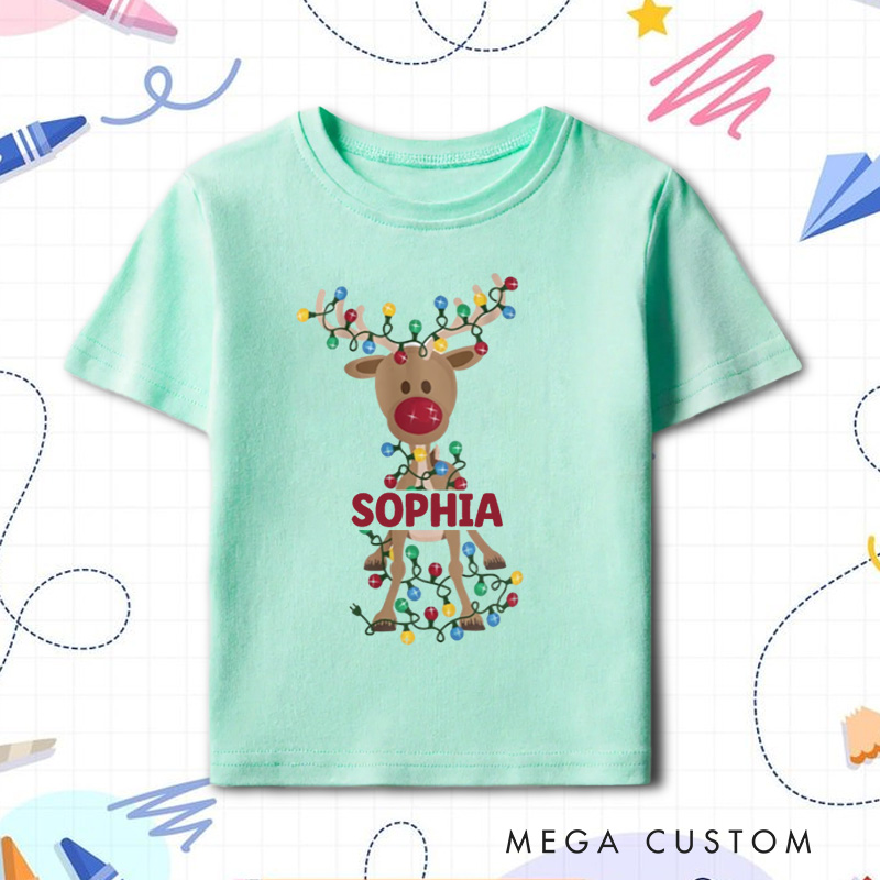 Personalized Reindeer Wrapped in Christmas Lights Christmas Kids T-Shirt