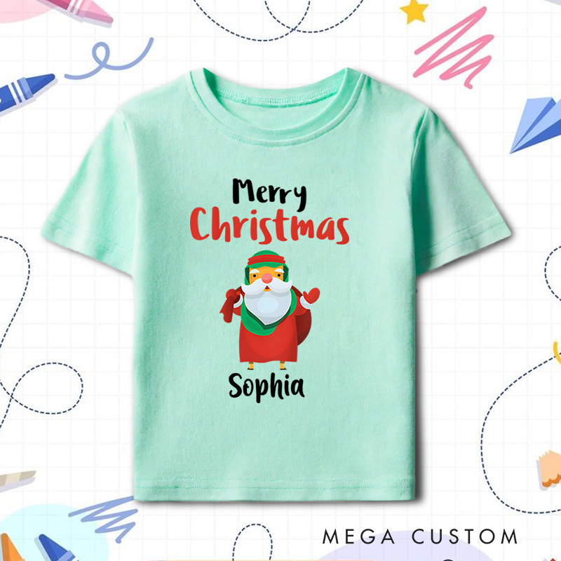 Personalized Santa with Gift Bag and Merry Christmas Text Christmas Kids T-Shirt