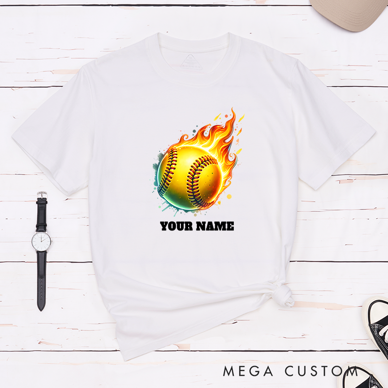 Personalized Fiery Softball T-Shirt Design Customizable Name Featuring a Dynamic Flaming Softball Graphic Perfect for Teams and Players