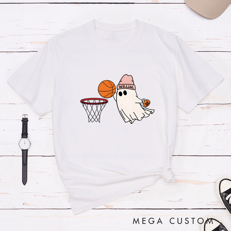 Personalized Halloween Basketball T-Shirt with Cute Ghost, Pumpkin, and Custom Name Design