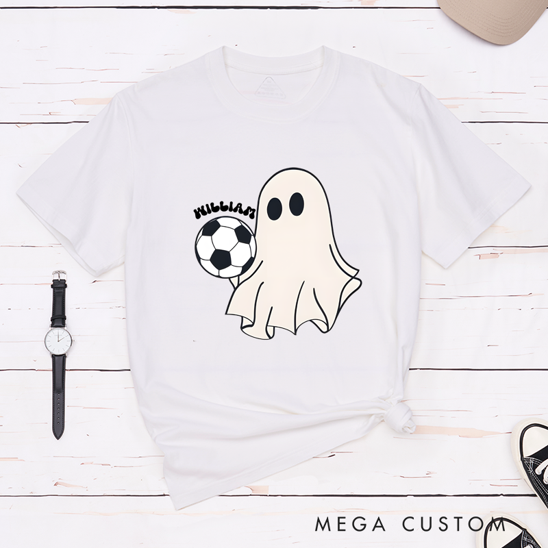 Personalized Halloween Soccer T-Shirt with Cute Ghost, Soccer Ball, and Custom Name Design