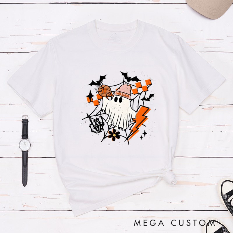 Personalized Halloween T-Shirt with Ghost, Basketball, Custom Name, and Number Design