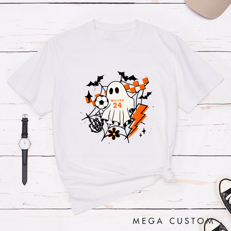 Personalized Halloween T-Shirt with Ghost, Soccer Ball, Custom Name, and Number Design